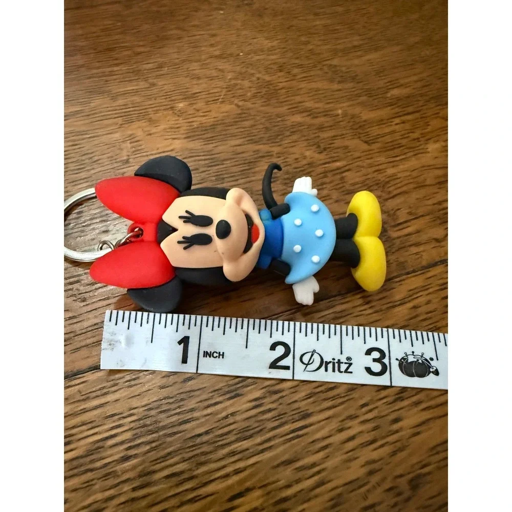 Disney Minnie Mouse Keychain Red Bow Blue Polka‎ Dot Dress 3D Rubber Figure